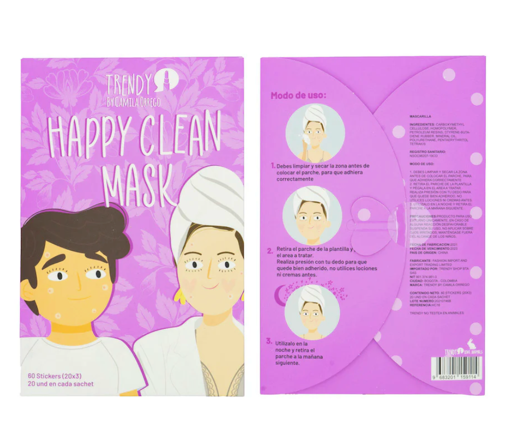 SOBRE MASCARILLA STICKERS PARA ACNE HAPPY CLEAN TRENDY Ref HC16 - Glow Beauty Distribuidores Milagros