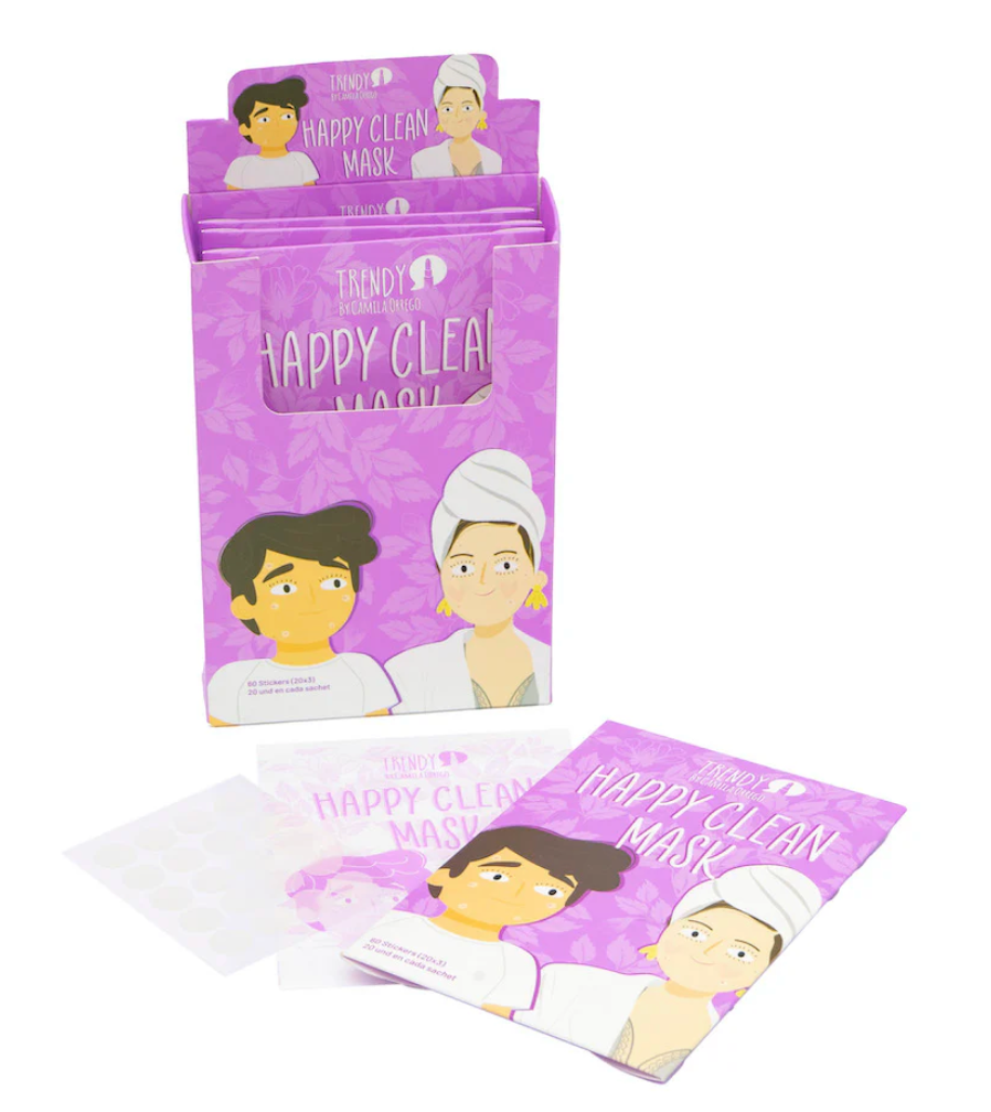 SOBRE MASCARILLA STICKERS PARA ACNE HAPPY CLEAN TRENDY Ref HC16 - Glow Beauty Distribuidores Milagros